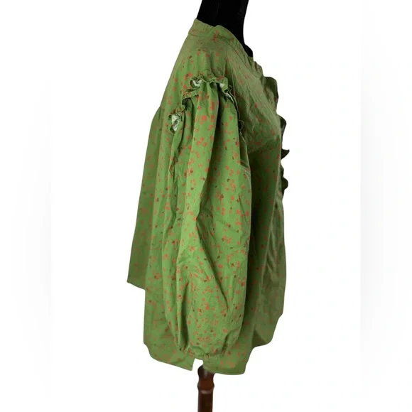 Eloquii Green Printed Button Down Shirt with Ruffle front and ruffle shoulder - Picture 9 of 13